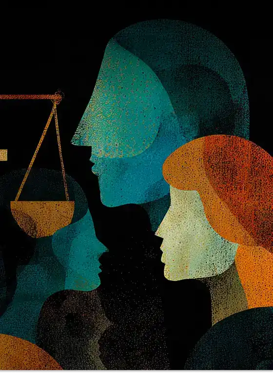 Stylized illustration of silhouetted figures surrounding a worker