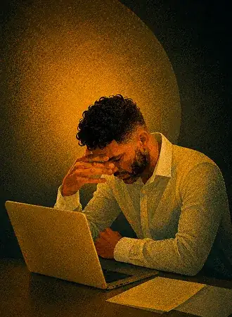 Stylized illustration of a distressed worker at a laptop in a dark room