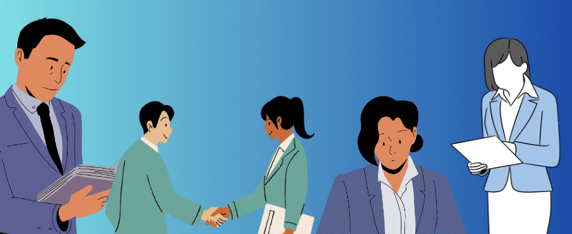 Illustrated office workers shaking hands and reviewing documents